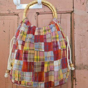 J.Crew Madras Plaid Cabana Patchwork Handbag• Bamboo Handle • Preppy Summer Tote